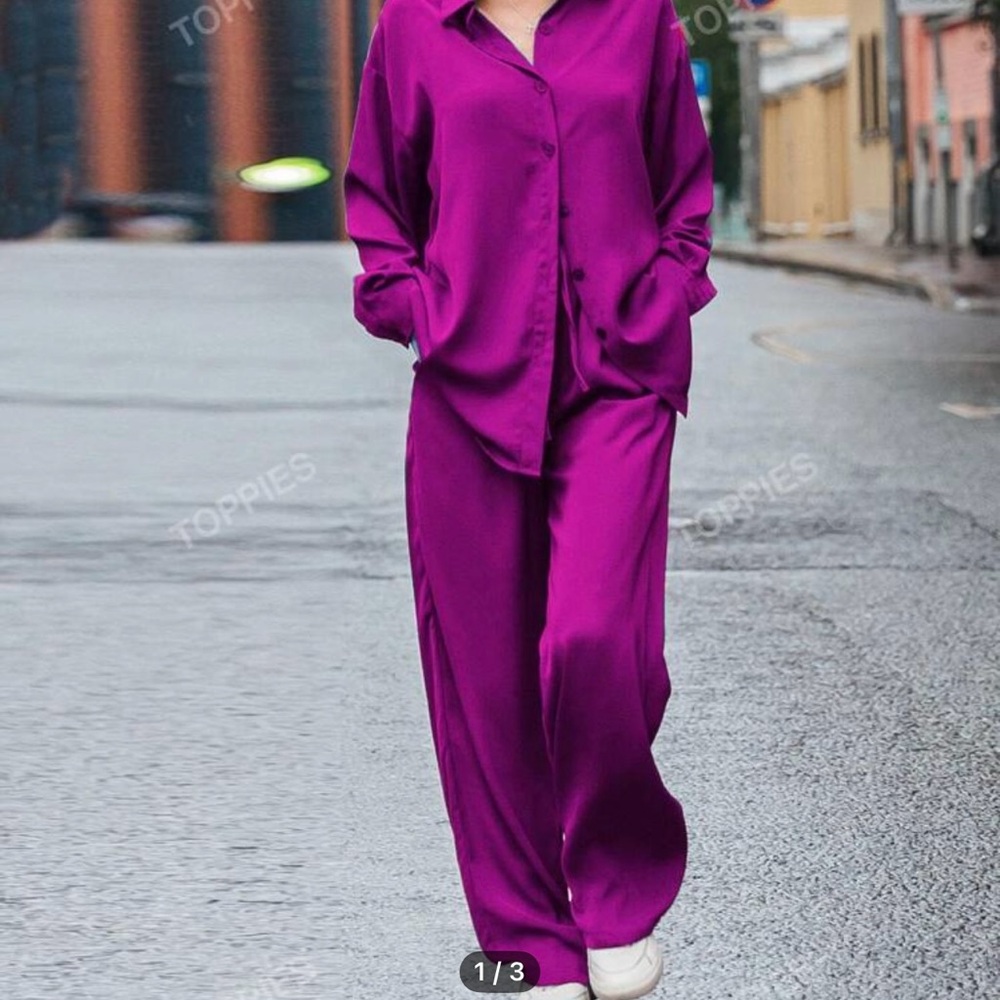 Vibrant Purple Satin Shirt and Pants Set